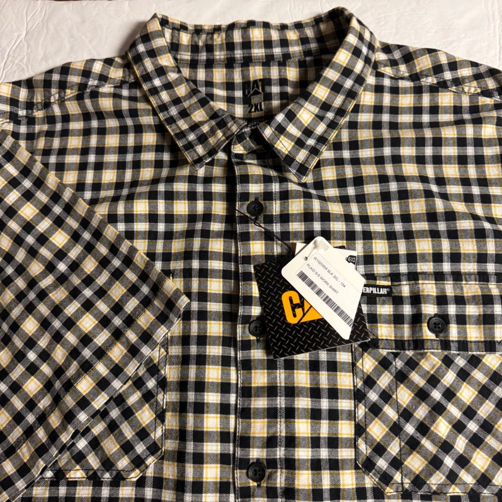 CAT Caterpillar Mens 2XL Plaid S/S Work Shirt Black Yellow Check  NEW